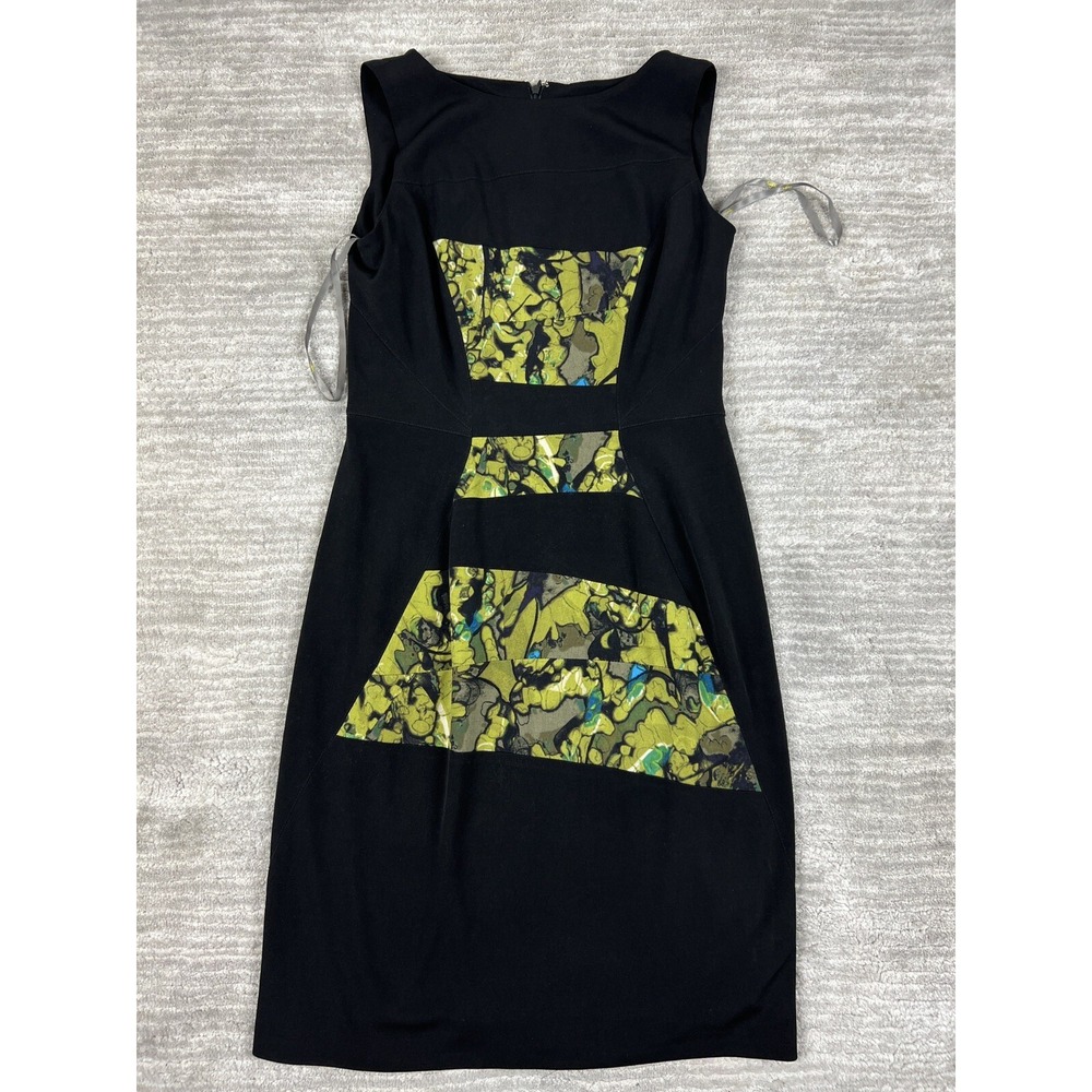 Taylor Sheath Dress Womens 6 Black Green Abstract Graphic Print Sleeveless Boat